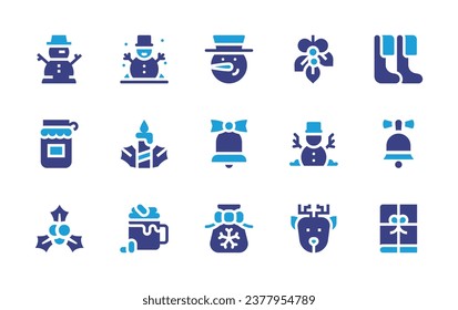 Christmas icon set. Duotone color. Vector illustration. Containing snowman, stocking, candle, christmas bell, cocoa, gift, bell, gift bag, mistletoe, jam, reindeer.