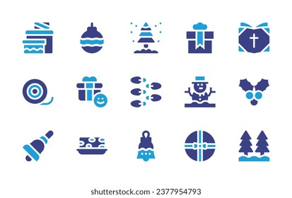 Christmas icon set. Duotone color. Vector illustration. Containing christmas present, present, snowman, bell, boxing day, bauble, bible, gift, mistletoe, nougat, pine tree, fir, garland.