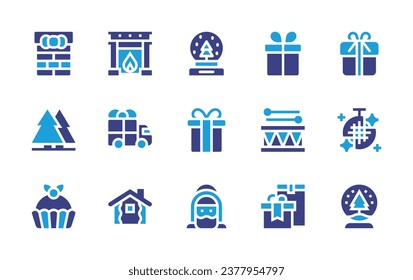 Christmas icon set. Duotone color. Vector illustration. Containing chimney, christmas present, christmas tree, drum, muffin, presents, snow globe, present, saint joseph, fireplace, gift, truck.