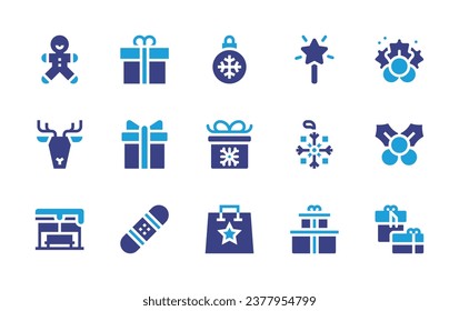 Christmas icon set. Duotone color. Vector illustration. Containing bauble, christmas present, gift bag, gift, mistletoe, gift box, snowboard, gingerbread, light stick, reindeer, snowflake, bus stop.