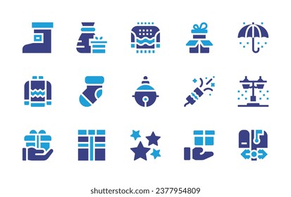 Christmas icon set. Duotone color. Vector illustration. Containing christmas, jingle bell, star, santa, umbrella, socks, street light, gift, mailbox, boot, sweater, confetti, present.