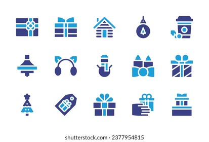 Christmas icon set. Duotone color. Vector illustration. Containing gift, ornament, spinning top, candles, christmas tree, paper cup, earmuffs, cabin, snowman.