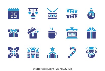 Christmas icon set. Duotone color. Vector illustration. Containing decorations, christmas, christmas ball, lights, gift, house, mosque, mistletoe, snowman, candy cane, drums.