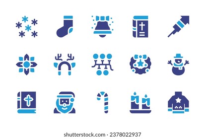Christmas icon set. Duotone color. Vector illustration. Containing snow, bible, bell, christmas, christmas wreath, lights, candles, candy cane, sock, rocket, deer horns, snowman.