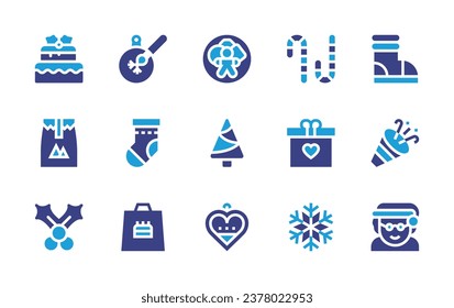 Christmas icon set. Duotone color. Vector illustration. Containing cookie, bauble, boot, tree, christmas sock, confetti, christmas, gift bag, mrs claus, cake, candy cane, package.