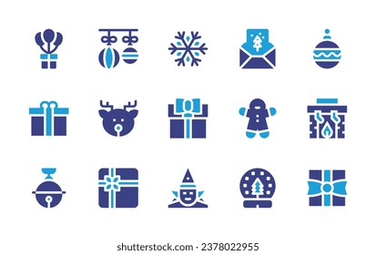 Christmas icon set. Duotone color. Vector illustration. Containing baubles, christmas ball, boxing day, christmas card, deer, fireplace, gift, gingerbread man, gift box, gifts, jingle bell, snow globe