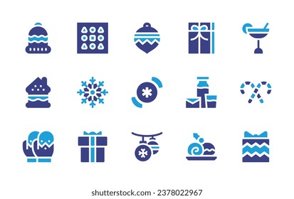 Christmas icon set. Duotone color. Vector illustration. Containing ball, christmas candy, christmas decoration, beanie, christmas present, gingerbread house, milk, mitten, roll cake, chocolate box.