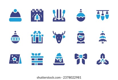 Christmas icon set. Duotone color. Vector illustration. Containing cap, christmas ball, gaspar, postcard, ribbon, calendar, lights, present, tree, gift, mistletoe, ski.