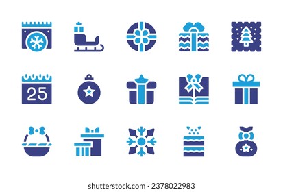 Christmas icon set. Duotone color. Vector illustration. Containing calendar, christmas present, christmas day, gift basket, red velvet, sleigh, stamp, bauble, birthday and party, gift, gift bag.
