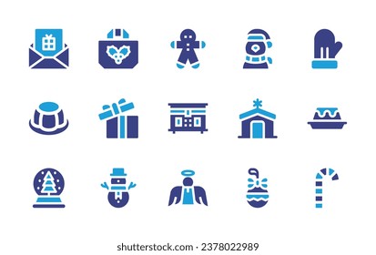 Christmas icon set. Duotone color. Vector illustration. Containing christmas card, penguin, jelly, manger, snow globe, christmas ball, gift bag, glove, open box, pudding, snowman, candy cane, ginger.