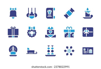 Christmas icon set. Duotone color. Vector illustration. Containing baubles, candle, christmas wreath, gift, sledge, christmas, bell, candy, present, snow ball, snowflake, appetizer.