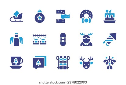 Christmas icon set. Duotone color. Vector illustration. Containing sledge, wreath, angel, boy, cup, deer, ball, cake, christmas market, fireworks, message, mistletoe, nougat, snowboard, ski.