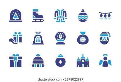 Christmas icon set. Duotone color. Vector illustration. Containing snow, bauble, boxing day, christmas bag, gift box, orthodox, ice skate, lights, sack, santa claus, winter hat, angel, snowball.