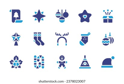 Christmas icon set. Duotone color. Vector illustration. Containing star, surprise, wishlist, biscuit, socks, christmas ball, christmas, sock, candy cane, hat, mistletoe, party hat.