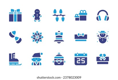 Christmas icon set. Duotone color. Vector illustration. Containing christmas lights, christmas bell, man, gift, gifts, candies, ice skate, calendar, gingerbread man, earmuffs, snowflake, snowman, elf.