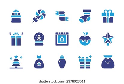 Christmas icon set. Duotone color. Vector illustration. Containing lollipop, present, sack, sock, snowglobe, star, box, caramelized apple, bag, christmas bag, christmas tree, gift, scarf, calendar.