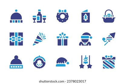 Christmas icon set. Duotone color. Vector illustration. Containing wine, basket, confetti, fireworks, christmas wreath, gift, santa hat, beanie, christmas card, man, hat, ornament.