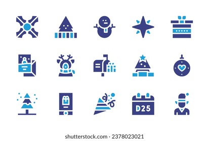 Christmas icon set. Duotone color. Vector illustration. Containing christmas tree, mistletoe, santa claus, star, reindeer, card, christmas ball, christmas bag, elf, december, snowman, mailbox.