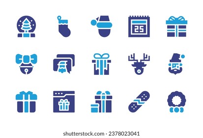 Christmas icon set. Duotone color. Vector illustration. Containing christmas cap, christmas sock, gift, message, santa claus, presents, web page, wreath, snow globe, th, jingle bell, reindeer, snow.