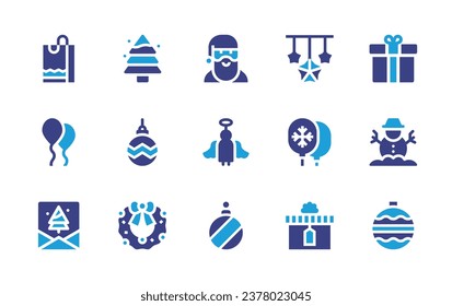 Christmas icon set. Duotone color. Vector illustration. Containing christmas tree, gift, ornament, snowman, wreath, bauble, santa claus, angel, christmas ball, shopping bag, star, balloon, balloons.