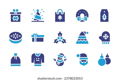 Christmas icon set. Duotone color. Vector illustration. Containing christmas bag, christmas tree, gift, price tag, mistletoe, ginger cookies, mitten, snowman, sweater, bag, baubles, christmas wreath.