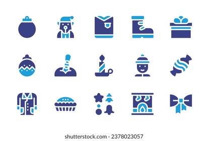 Christmas icon set. Duotone color. Vector illustration. Containing pullover, candle, ginger cookies, bauble, boots, boy, coat, fireplace, fox, gift, snowboard, candy, pie, ribbon.