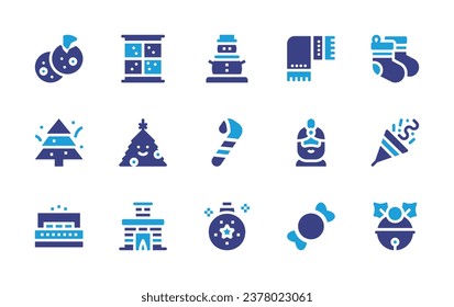 Christmas icon set. Duotone color. Vector illustration. Containing snowman, window, christmas, christmas sock, candy cane, christmas tree, confetti, fireplace, gold, jingle bell, scarf, baltazar.