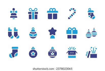 Christmas icon set. Duotone color. Vector illustration. Containing gift, gift box, sock, star, bauble, christmas, present, bell, candy cane, socks.