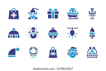 Christmas icon set. Duotone color. Vector illustration. Containing gift, nisse, nutcracker, jingle bell, snowman, tree, gift bag, christmas wreath, fruit, shopping bag, sleigh, winter hat, bauble.