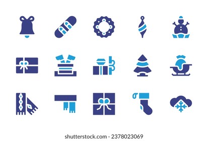 Christmas icon set. Duotone color. Vector illustration. Containing christmas wreath, gift, christmas bell, christmas ornament, pine tree, scarf, sock, snowboard, snowman, santa, sleigh, snow.