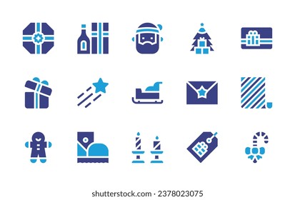 Christmas icon set. Duotone color. Vector illustration. Containing boxing day, christmas tree, gift box, greeting card, gingerbread, label, gift, gift card, star, wrapping paper, boots, candy cane.