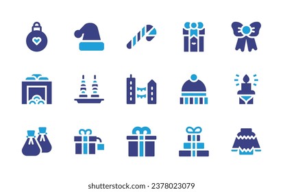 Christmas icon set. Duotone color. Vector illustration. Containing decoration, gift, fireplace, hat, incense, christmas present, santa hat, bow, canapes, candle, present, pullover, candy cane.