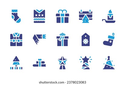 Christmas icon set. Duotone color. Vector illustration. Containing sock, candle, christmas day, gift, present, sock, tag, tree, star, top, sweater, scarf, book.