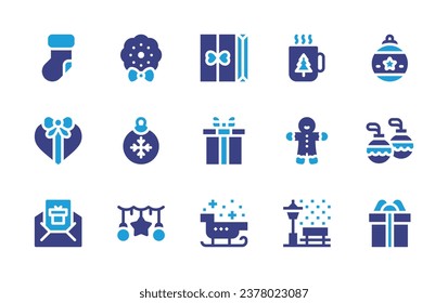 Christmas icon set. Duotone color. Vector illustration. Containing wreath, bauble, christmas sock, cocoa, christmas balls, gift, gingerbread man, garland, letter, park, christmas present, sled.