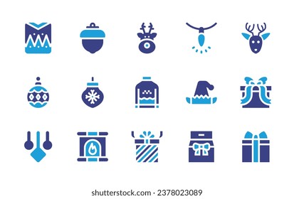 Christmas icon set. Duotone color. Vector illustration. Containing reindeer, sweater, box, bauble, christmas ball, elf hat, decoration, gift, christmas cap, christmas present, fireplace.