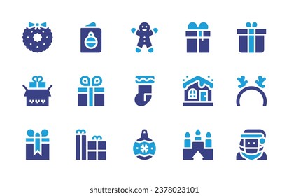 Christmas icon set. Duotone color. Vector illustration. Containing christmas wreath, gift, gingerbread man, reindeer, house, socks, present, santa claus, candles, christmas ball, greeting card.