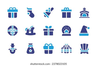 Christmas icon set. Duotone color. Vector illustration. Containing bell, gift, present, snowball, snowman, sweater, christmas sock, manger, rocking horse, santa hat, santa claus, armchair.