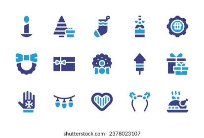 Christmas icon set. Duotone color. Vector illustration. Containing sock, christmas wreath, gingerbread, candle, champagne, fireworks, glove, headband, christmas tree, gift, giftbox, light, roasted.
