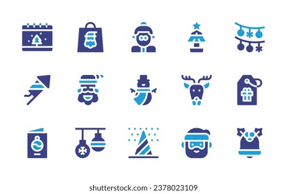 Christmas icon set. Duotone color. Vector illustration. Containing calendar, christmas tree, mrs claus, petard, reindeer, snowman, postcard, santa claus, gift bag, lights, tag, baubles, christmas bell