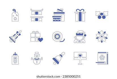 Christmas icon set. Duotone style line stroke and bold. Vector illustration. Containing christmas, christmas present, giftbox, gift card, snowman, bell, present, mistletoe, elf, poinsettia, vip.