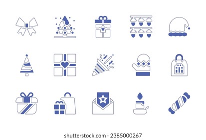 Christmas icon set. Duotone style line stroke and bold. Vector illustration. Containing bow, christmas tree, gift, lights, confetti, mittens, gifts, card, candle, santa hat, bag, candy.