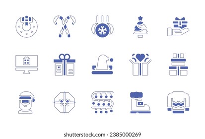 Christmas icon set. Duotone style line stroke and bold. Vector illustration. Containing christmas wreath, computer, santa claus, candy cane, christmas balls, christmas tree, gift, elf hat, gift box.