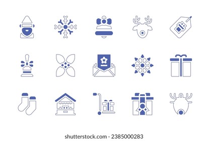 Christmas icon set. Duotone style line stroke and bold. Vector illustration. Containing bell, christmas card, delivery, dwarf, snow, mistletoe, socks, market, deer, gift, snowflake.