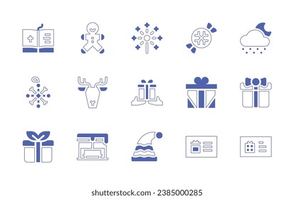 Christmas icon set. Duotone style line stroke and bold. Vector illustration. Containing fireworks, present, santa hat, bible, gingerbread, snowflake, reindeer, gift, bus stop, sweet, snowing, gift box