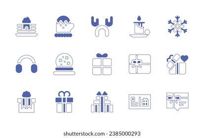 Christmas icon set. Duotone style line stroke and bold. Vector illustration. Containing candle, gift, christmas, pancake, gloves, earmuffs, snow globe, gift box, snowflakes, gift card.