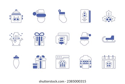 Christmas icon set. Duotone style line stroke and bold. Vector illustration. Containing man, snowman, bauble, christmas cap, christmas sock, christmas card, mistletoe, gift, message, santa hat, sled.