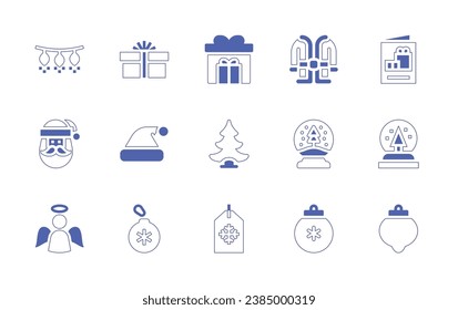 Christmas icon set. Duotone style line stroke and bold. Vector illustration. Containing lights, present, santa claus, angel, christmas ball, gift box, gift card, pine tree, snowball, snow ball, tag.
