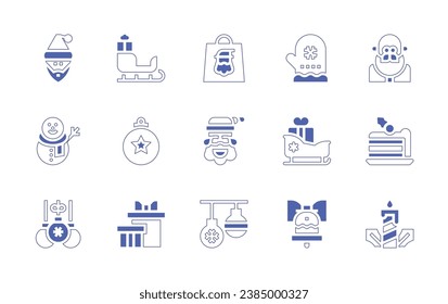 Christmas icon set. Duotone style line stroke and bold. Vector illustration. Containing santa claus, sleigh, snowman, bauble, christmas balls, gift, gift bag, mitten, chocolate cake, baubles, bell.