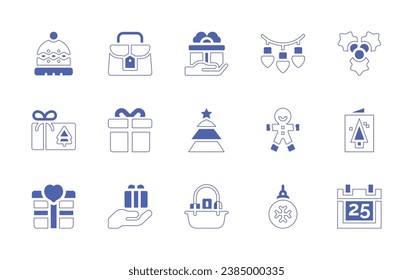 Christmas icon set. Duotone style line stroke and bold. Vector illustration. Containing winter hat, christmas present, light, gift, christmas tree, gingerbread man, gift box, ball, basket, mistletoe.