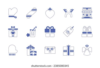 Christmas icon set. Duotone style line stroke and bold. Vector illustration. Containing bauble, gift, gloves, snowboard, chai tea, mitten, deer headband, shop, tag, present, angle.